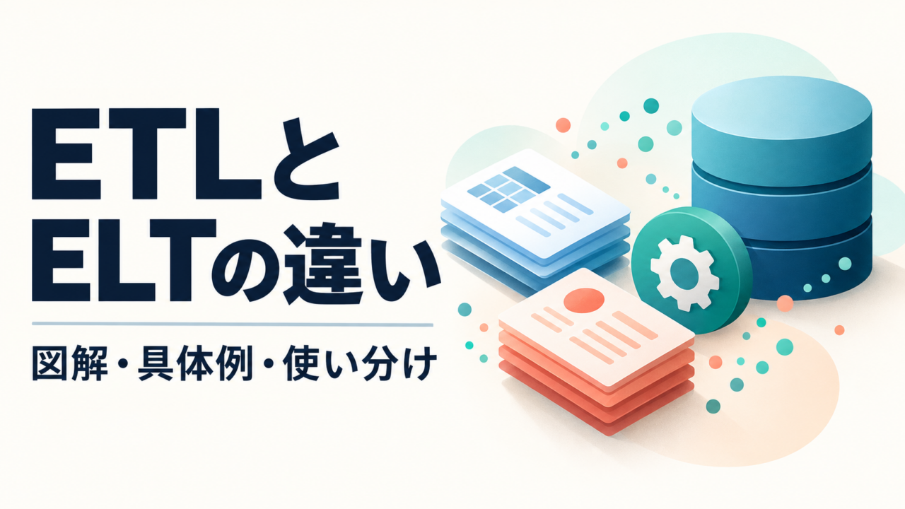 ETLとELTの違い、図解・具体例・使い分けを示す文字とデータベースのイラスト