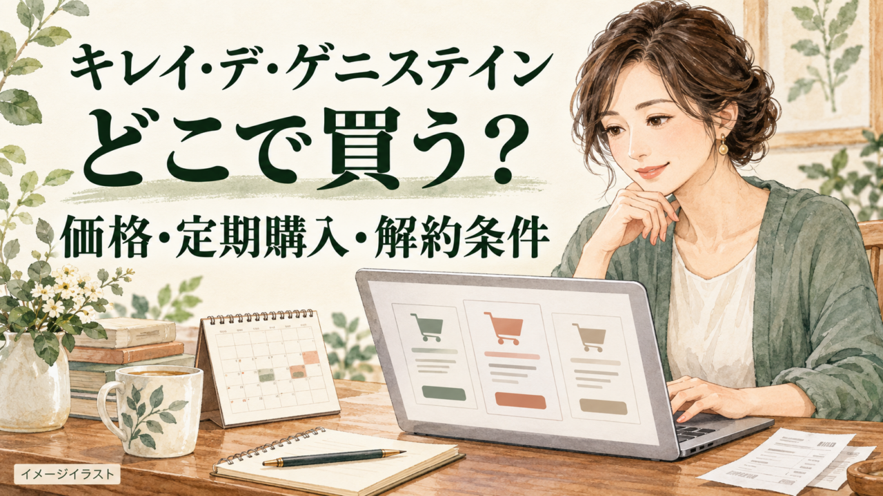 キレイ・デ・ゲニステインはどこで売ってる？販売店・価格・定期解約条件のイメージイラスト