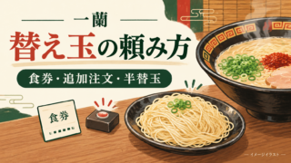 一蘭の替え玉と半替玉の頼み方を表すイラスト